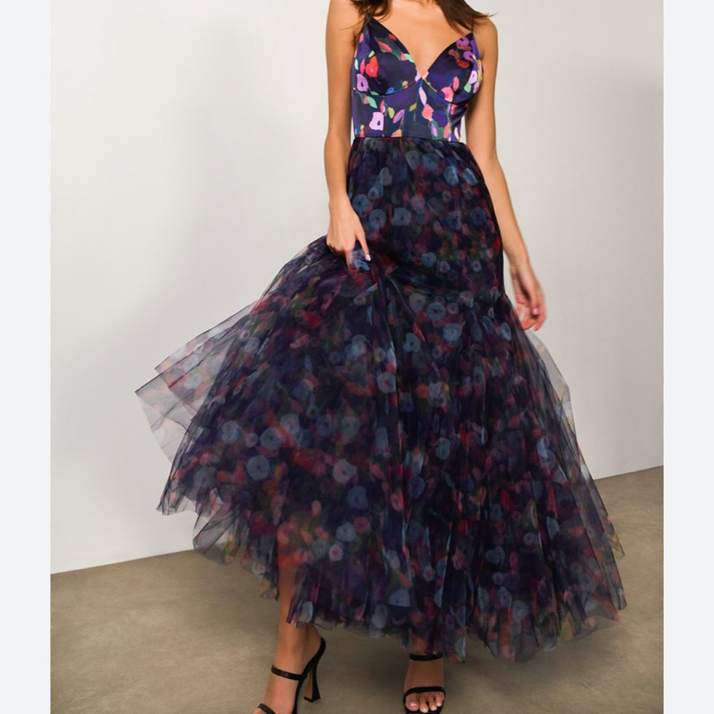 Hutch Lucia A-line Gown in Navy Whimsy Watercolor Floral, Size 2